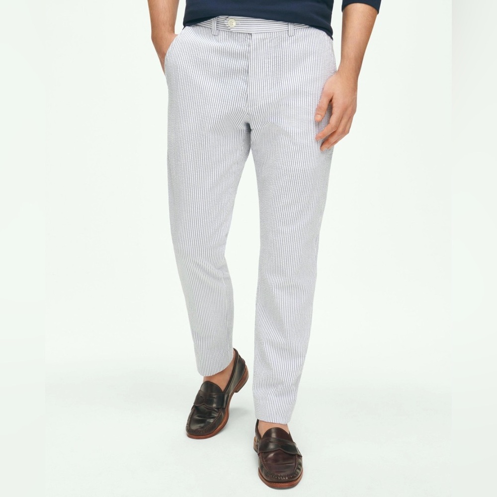 NWOT Brooks Brothers Blue-Ivory Cotton Seersucker Pants In Classic Stripe